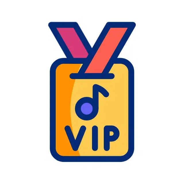 איור של כרטיס VIP צהוב עם סמל של תו מוזיקלי, התלוי על שרוך אדום וסגול.